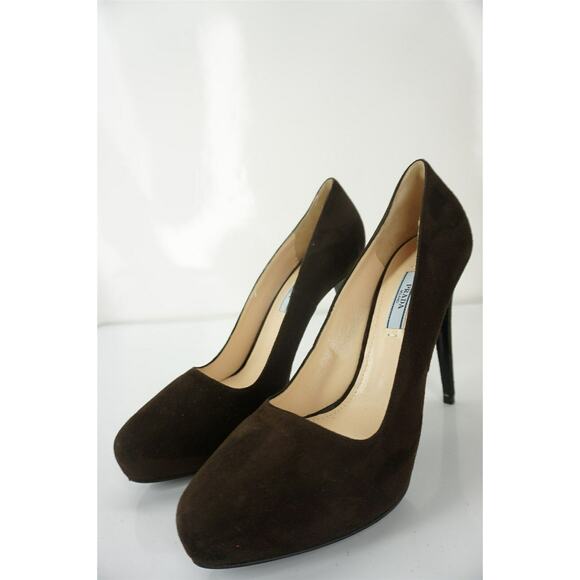 Prada Dark Brown Suede Leather Platform Heel Pumps size 40 10 - Picture 3 of 11